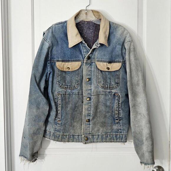 VTG Key Wool Blanket Lined Distressed Denim Jacket Corduroy Mens Size Medium - Picture 1 of 15